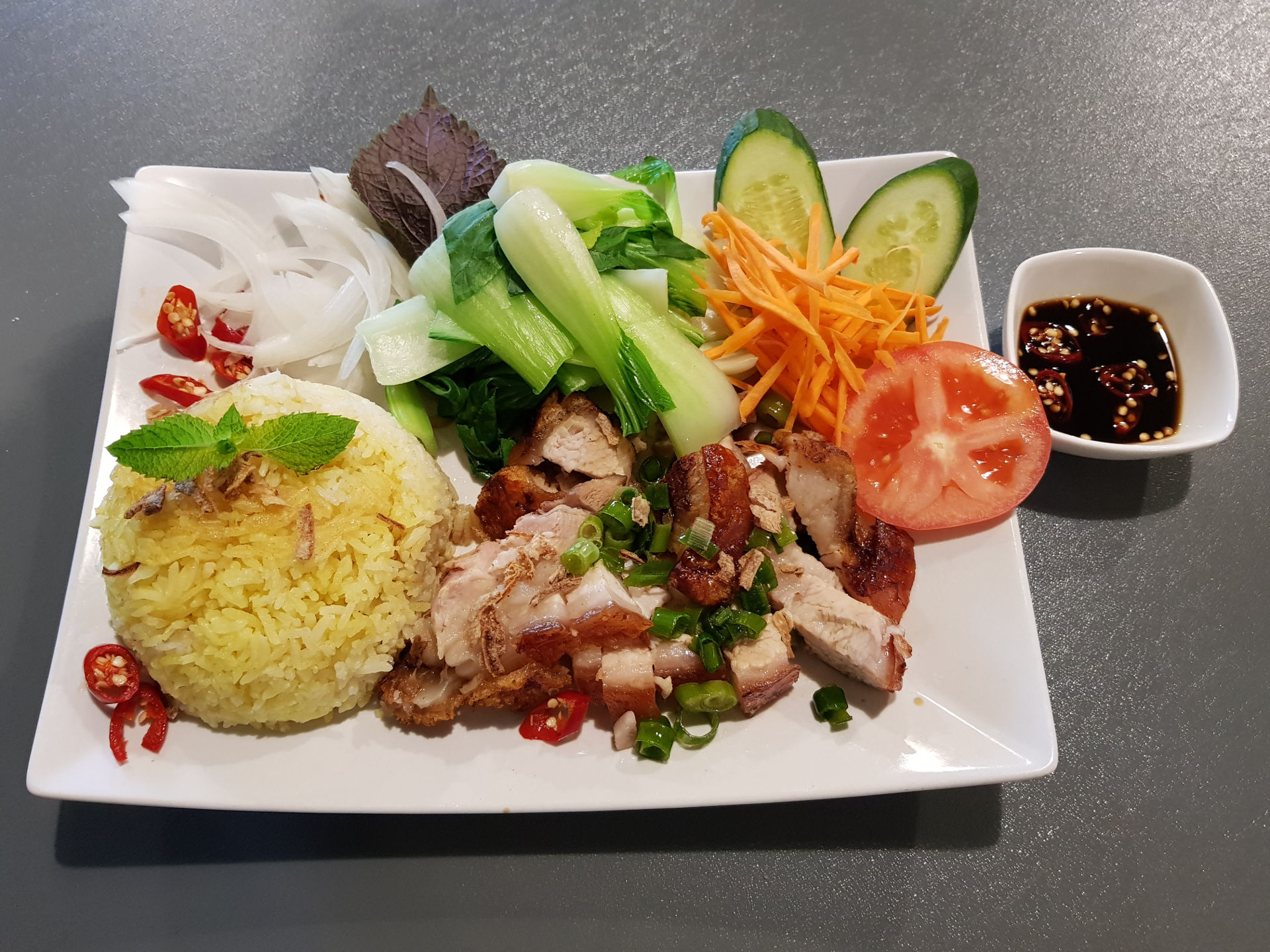 Chicken rice and roast pork belly