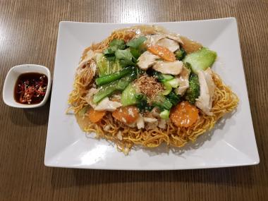 Chicken and Crispy fried egg noodles