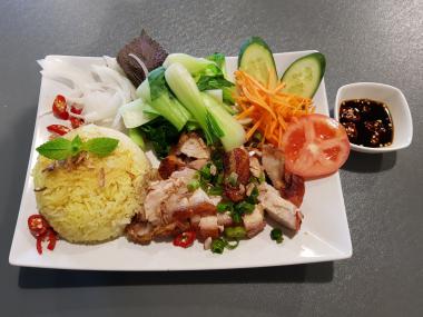 Chicken rice and roast pork belly