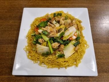 Chicken and vegetables with soft egg noodles